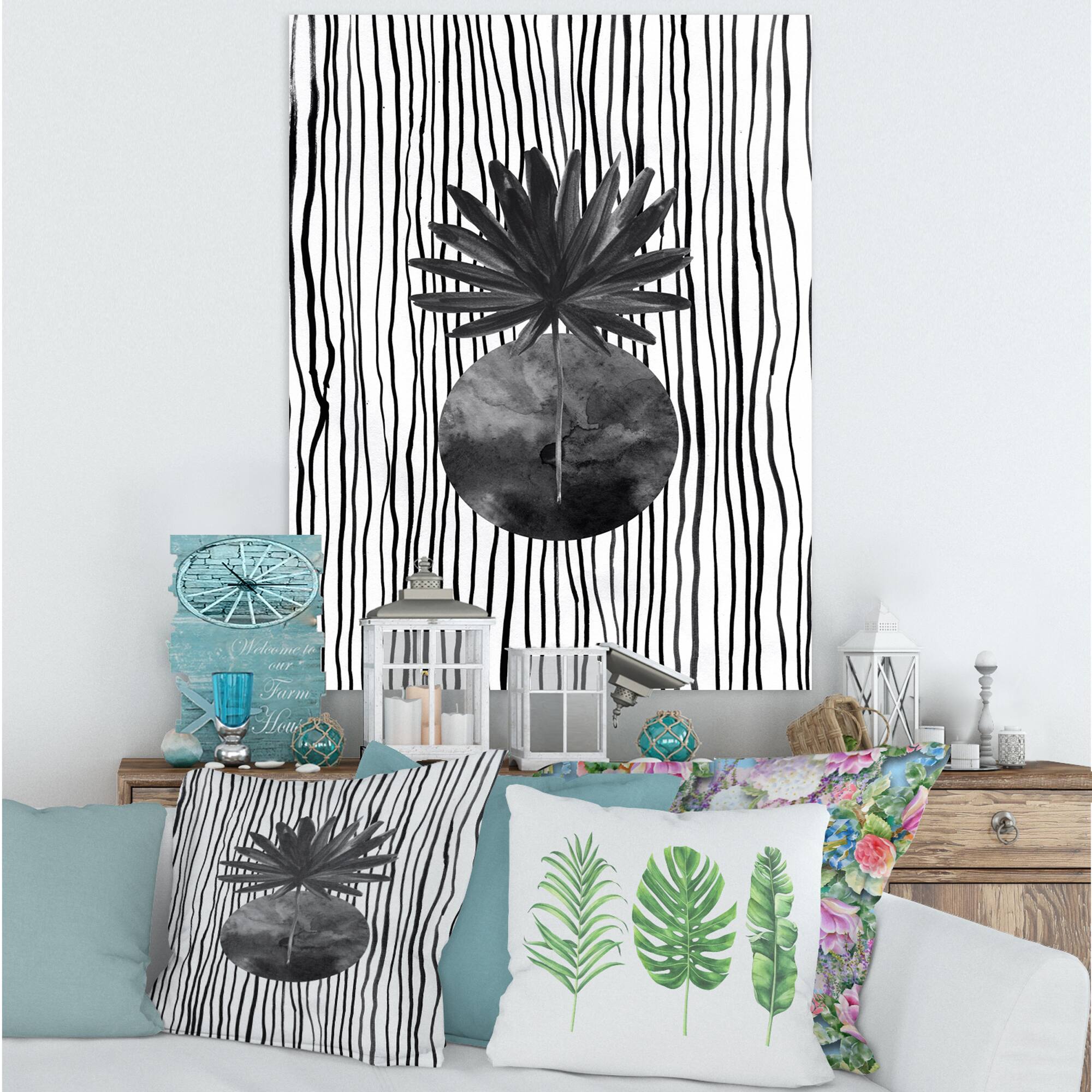 Designart - Black and White Tropical Leaf On Striped I